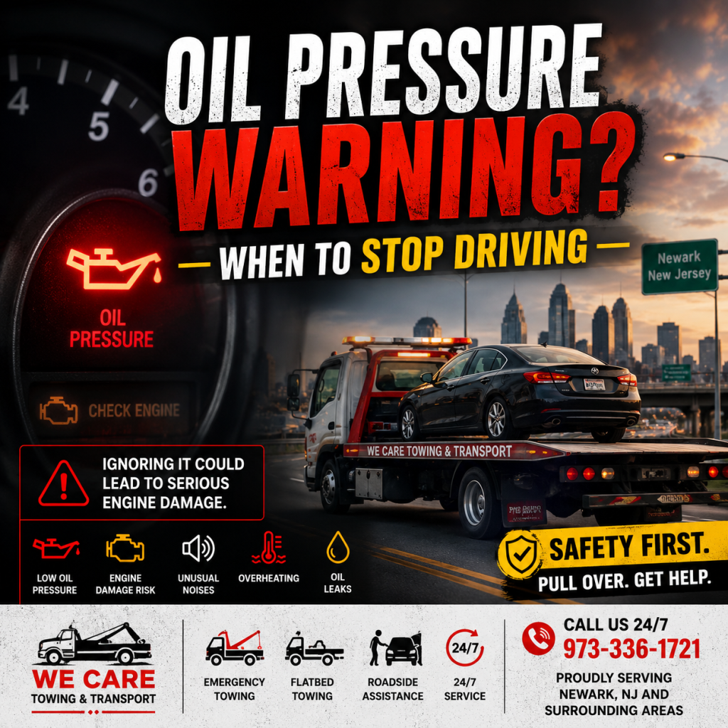 Oil pressure warning light on car dashboard with tow truck assistance in Newark NJ