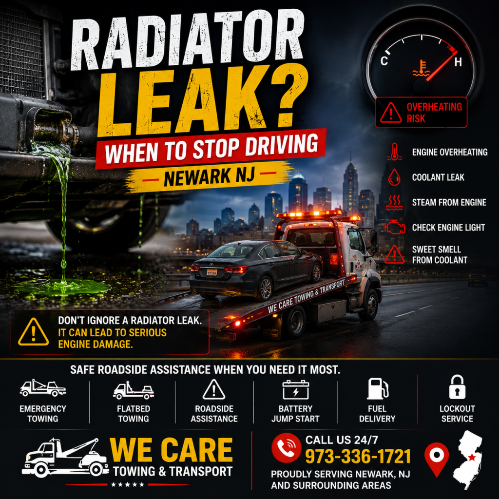 Car with radiator leak and coolant warning signs with tow truck in Newark NJ
