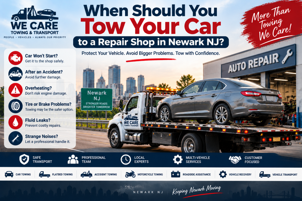 Tow truck transporting a disabled car to a repair shop in Newark NJ
