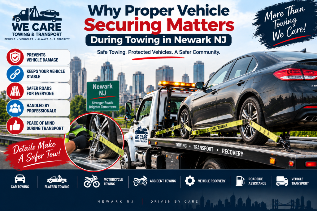 Tow truck securing a vehicle safely during towing in Newark NJ