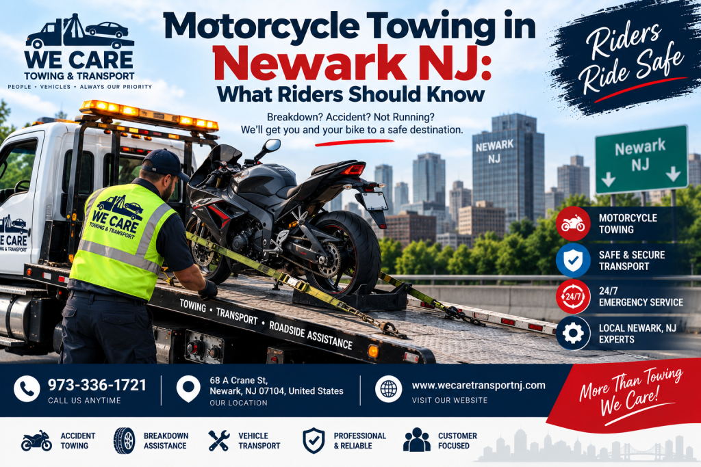 Motorcycle towing service in Newark NJ transporting a disabled motorcycle